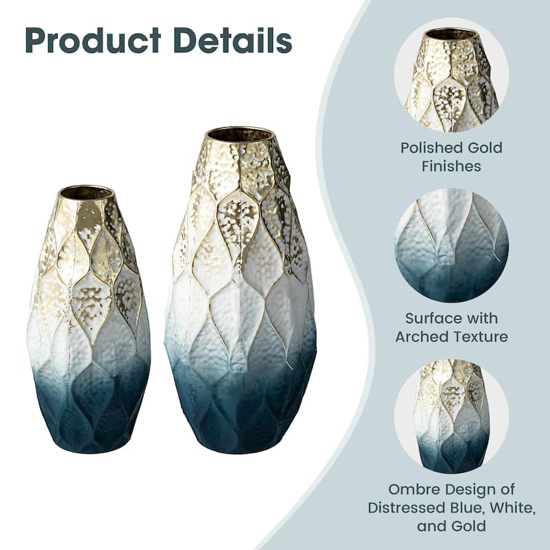 Glitzhome Set of 2 Abstract Ombre Blue and Gold Metal Vases