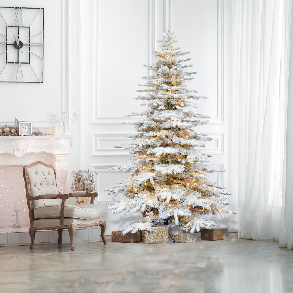 Fraser Hill Farm 10-Ft. Flocked Pine Valley Artificial Christmas Tree with Smart String Lighting