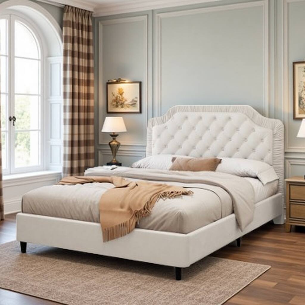 King Size Velvet Upholstered Platform Bed with Button Tufted Ruched Headboard, No Box Spring Required