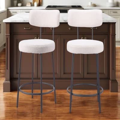 25-Inch Seat Ivory Shearling Upholstered Counter Stools Set of 2 with Low Back and Black Steel Frame - 36.4”H x 18.5”W x 22”D