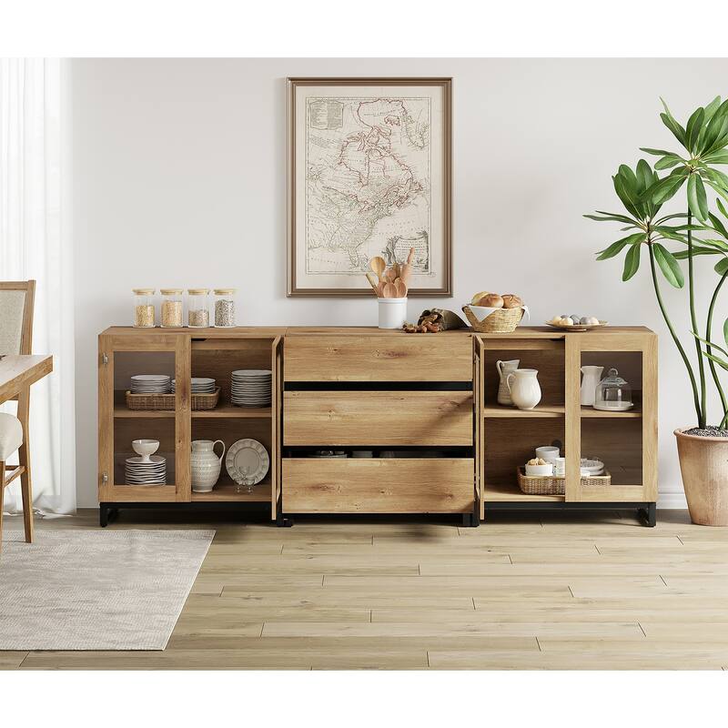 WAMPAT 3 in 1 Modern Sideboard with Glass Doors and 3 Drawers, Coffee Bar Cabinet for Kitchen