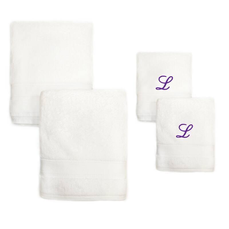 Sweet Kids 2-piece White Turkish Cotton Bath and Hand Towel Set with Lavender Purple Monogrammed Initial - white/purple l