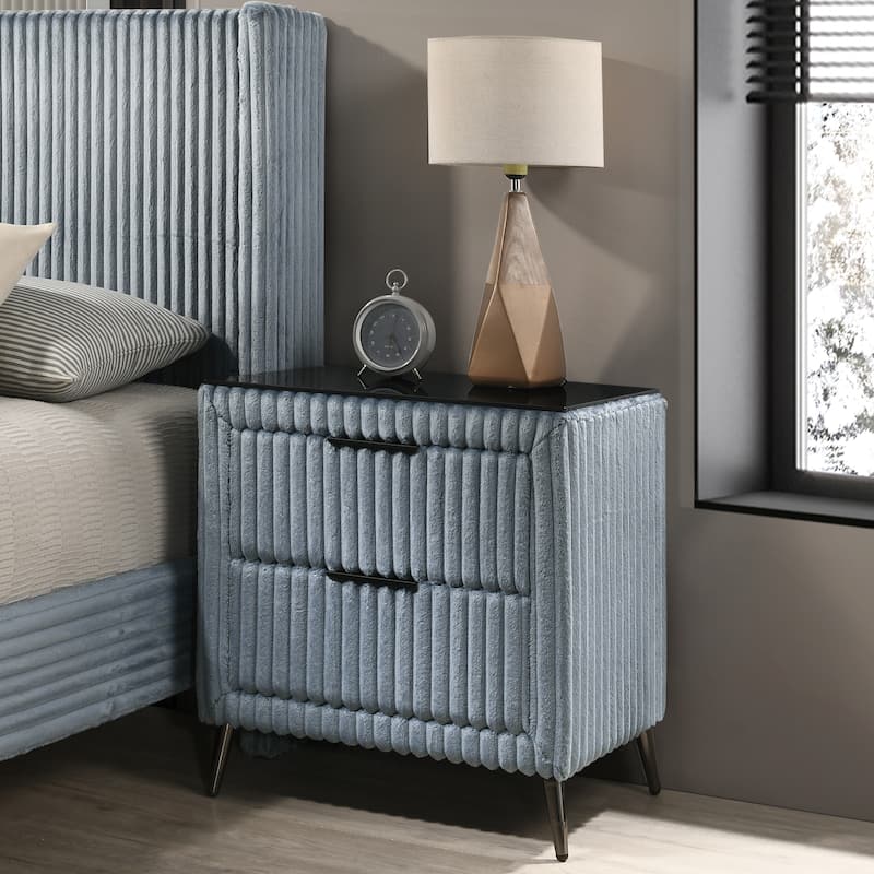 Blue Wide Wale Corduroy Upholstery Nightstand with Spacious Drawers - Blue