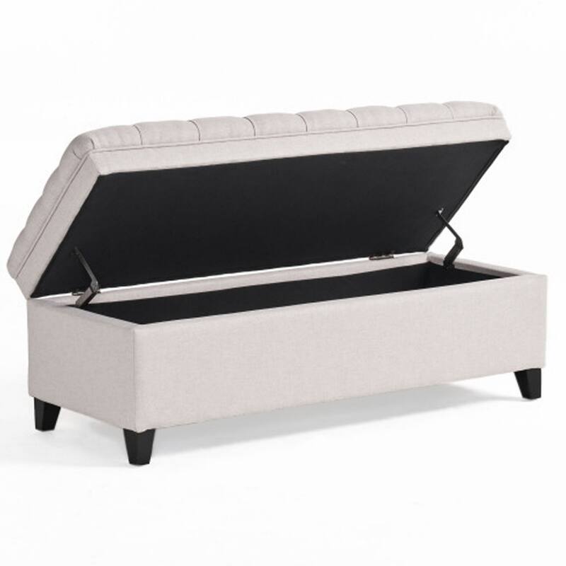 Rhya Storage Bench Ottoman, 50 Inch Seat, Button Tufted Gray Fabric