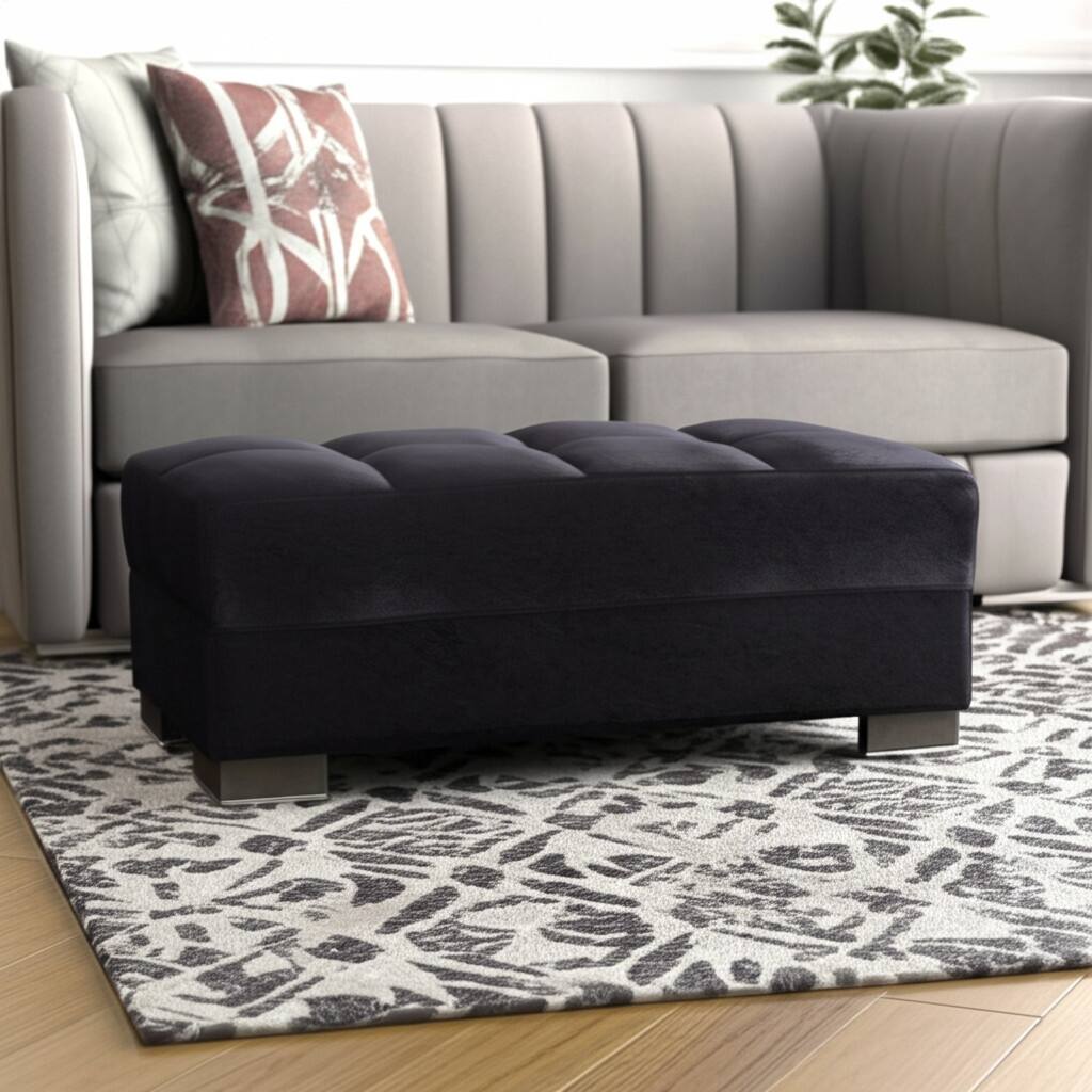 HomeRoots 52" Black and Brown Microfiber Tufted Storage Ottoman