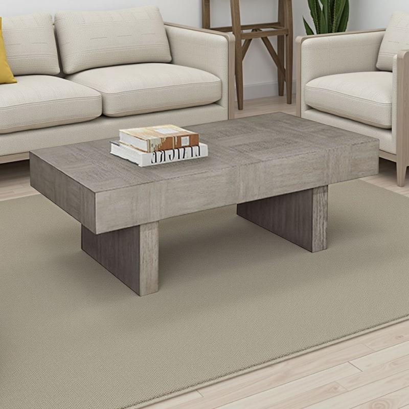 Lezy Coffee Table, 52 Inch, Gray Oak Wood Top, Double Pedestal Base