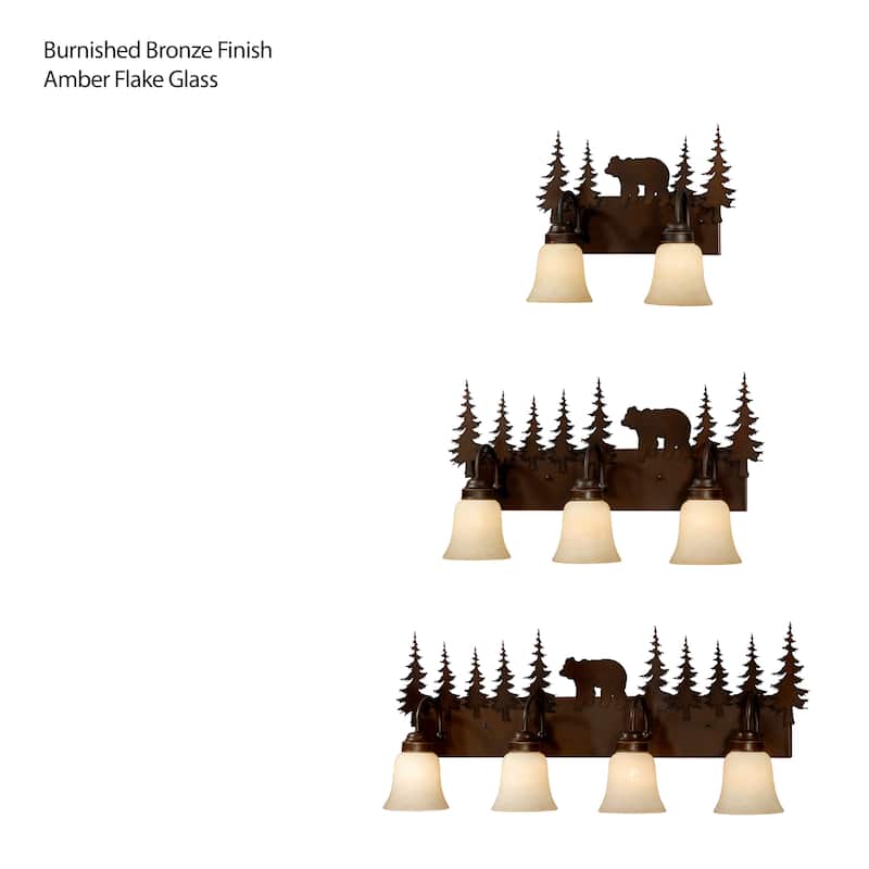 Bozeman 4-Light 33 in. W Burnished Bronze Rustic Cabin Bathroom Vanity Lighting Fixture, Amber Flake Glass Shade, Bear and Trees
