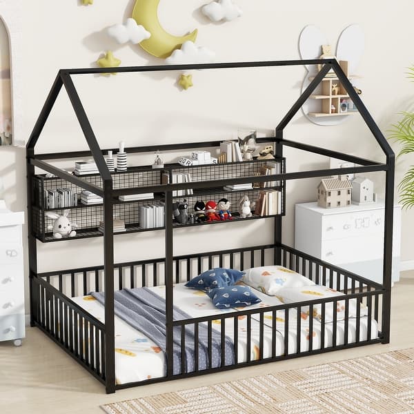 slide 2 of 12, Full Size Metal House Bed Frame with Built-In Shelves and Fence, Space Saving Design Black
