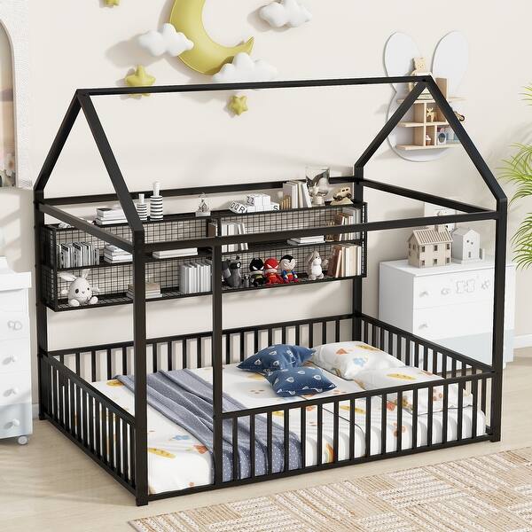 slide 2 of 5, Superior Quality Metal House Bed Frame with Convenient Storage Space, Fence and Shelves, Full Size, Black Black