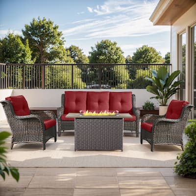 Fire Pit Table with Patio Sofa Club Chairs Brown-Red - Brown