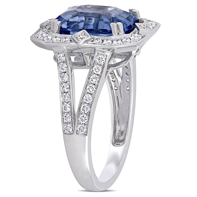 Miadora 6 1/2ct TGW Sapphire and 1/2ct TDW Diamond Halo Cocktail Ring in 14k White Gold