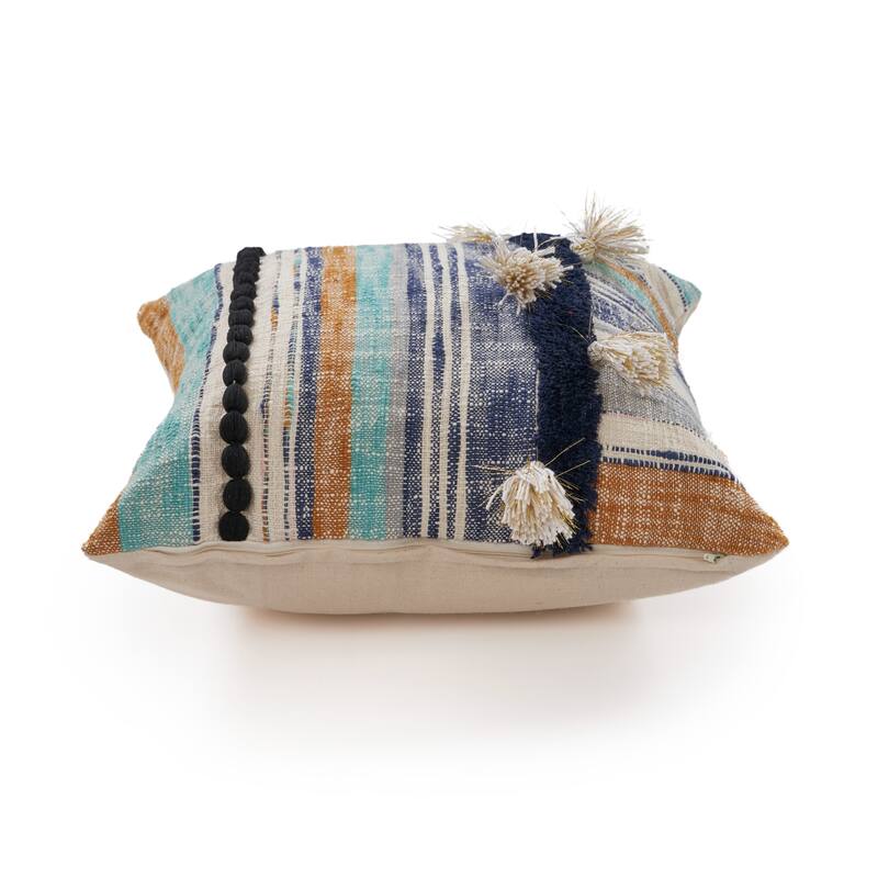 Handmade Striped Square Throw Pillow Cover with Tassels - 18" - Blue and Cream