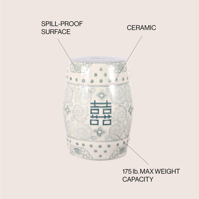 Double Happiness 18" Chinoiserie Ceramic Drum Garden Stool, Blue/White