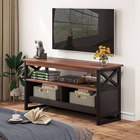 TV Table TV Stand with 3-Tier Storage Shelves, Brown