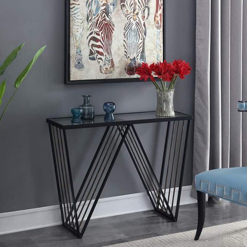 Contemporary Black Metal Console Table with Clear Glass Shelf - 54 x 84