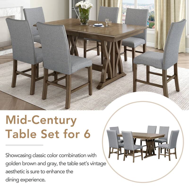 Gray Mid-Century 7-Piece Wooden Dining Table Set with Extendable Table & 6 Chairs
