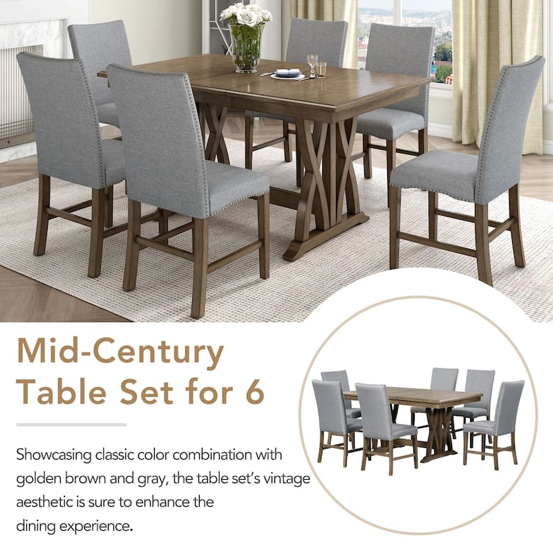 Roomfitters 7-Piece Extendable Dining Table Set, Mid-Century Solid Wood Kitchen Set with 12" Leaf and 6 Chairs, Gray