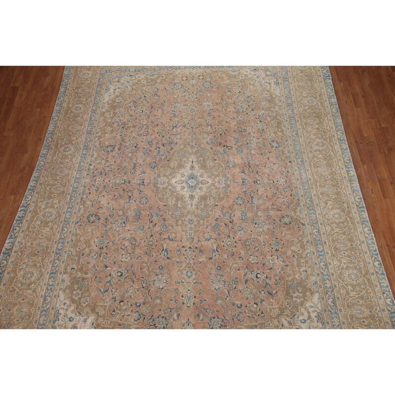Hand Knotted Oriental 100% Wool Carpet Traditional Floral Pink Mashad Area Rug - 11' 11'' X 8' 9''
