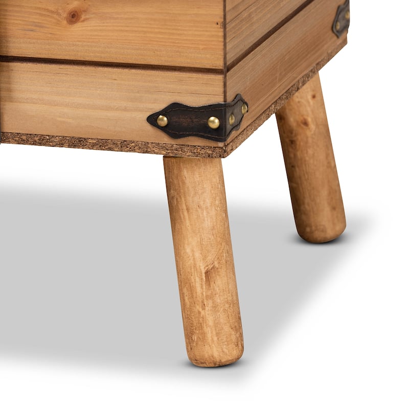 Amena Dark Brown PU Leather and Oak Wood Large Storage Ottoman