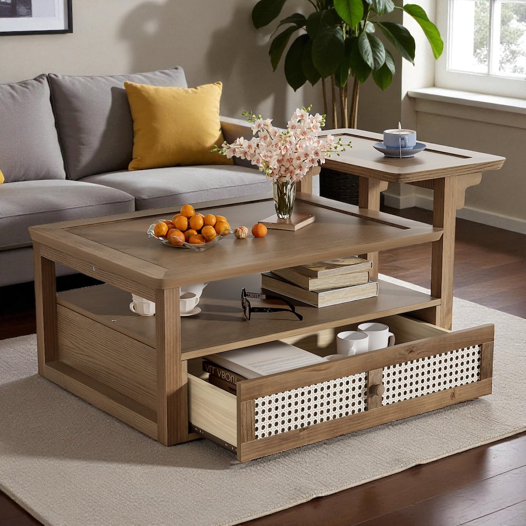 31.5'' Modern Coffee Table with Rattan Drawer, Dual Tabletops & Storage Shelf, Wooden Accent Table for Living Room