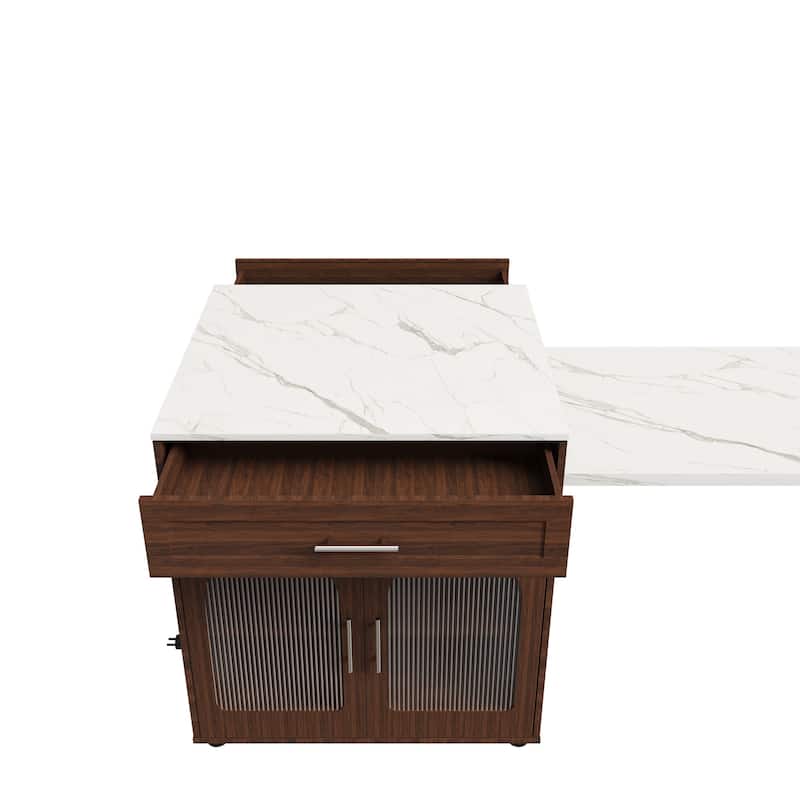 80" Expandable Kitchen Island with Dining Table with Marble-Grain Countertop with Power Outlet