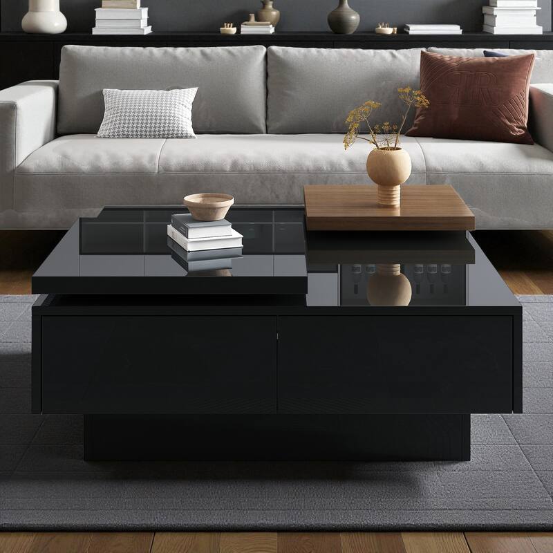 Modern Square Movable Top Coffee Table with 4 Hidden Storage Drawers, High Gloss Wood Center Table for Living Room