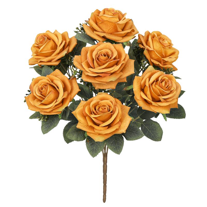 Set of 2 Dusty Orange Artificial Queen Tea Rose Flower Stem Bush Bouquet 17in - 17" L x 9" W x 9" DP