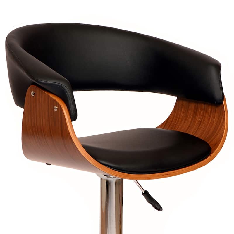 Paris Mid Century Modern Walnut Wood and Black Faux Leather Adjustable Swivel Barstool