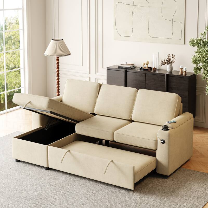 85.8" Sleeper Sofa, Sofa Bed with Storage and Charging Port
