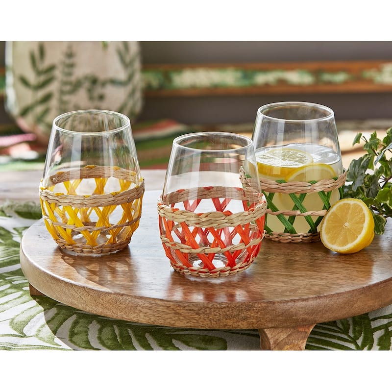 16 oz.Island Clear Glass with Blue Straw Sleeve Dishwasher Safe Beverage Glassware Dinner Party Wedding Resturant