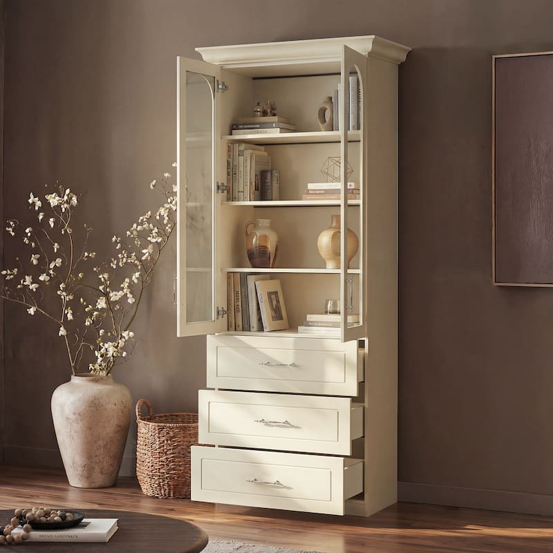 Modular Bookcase with LED Lights, Glass Door Storage Cabinet with Drawers, Large Display Shelving Unit Sideboard