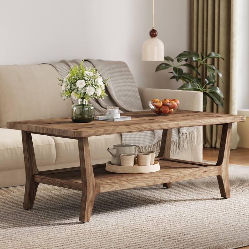 47'' Solid Wood Coffee Table with Open Storage Shelf, Mid-Century Rectangle Center Table
