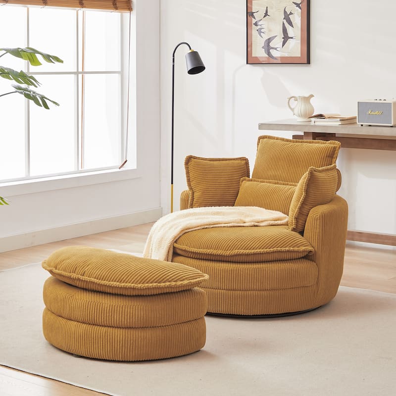 52" Upholstered Swivel Barrel Chair with Moon Storage Ottoman