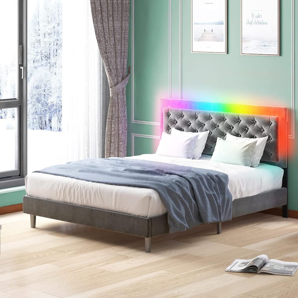 Mixoy Velveteen RGB LED Bed Frame with Button Tufted Adjustable Headboard