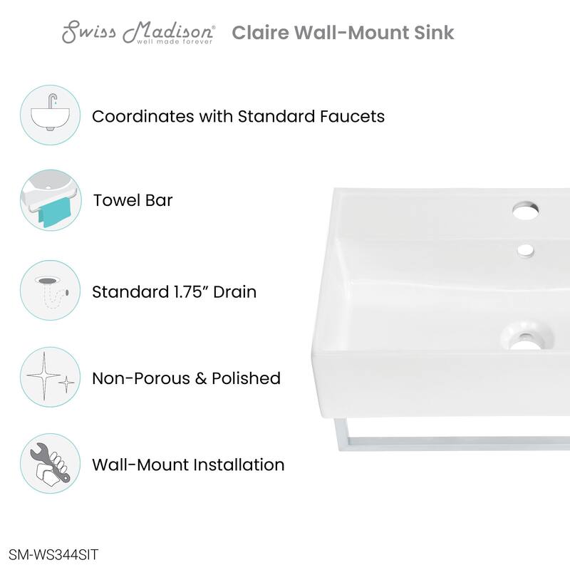 Claire 22" Wall-Mount Bathroom Sink with Towel Bar