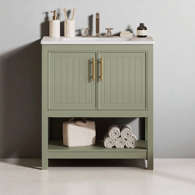 30" Freestanding Bathroom Vanity with Ceramic Sink, Gold Handles, Open Shelf, Soft-Close Doors, Small Space Design - Green