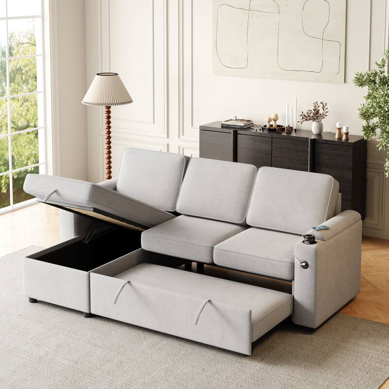 85.8" Fabric Sleeper Sectional Sofa with Storage & USB