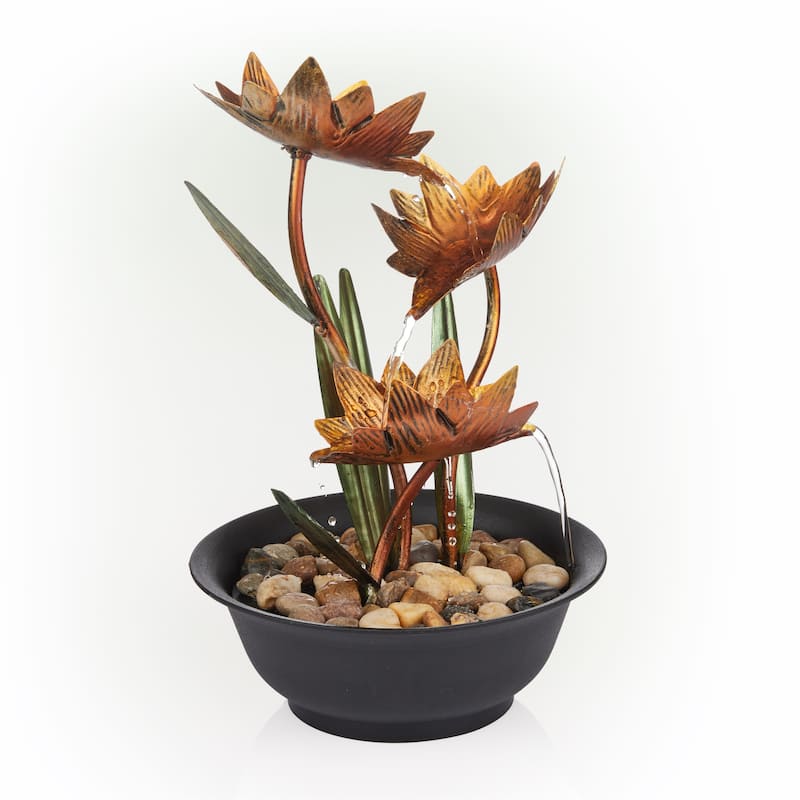 Alpine Corporation 13"H Indoor Multi-Tier Metal Lotus Flower Tabletop Fountain with Stone-Filled Base