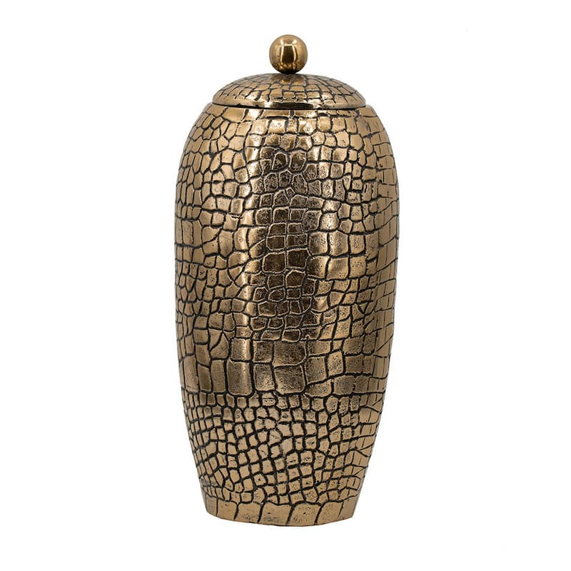15 Inch Aluminum Urn, Lidded Top, Hammered Texture Antique Gold Finish