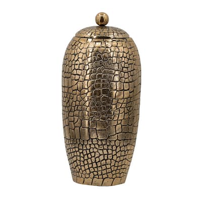 15 Inch Aluminum Urn, Lidded Top, Hammered Texture Antique Gold Finish