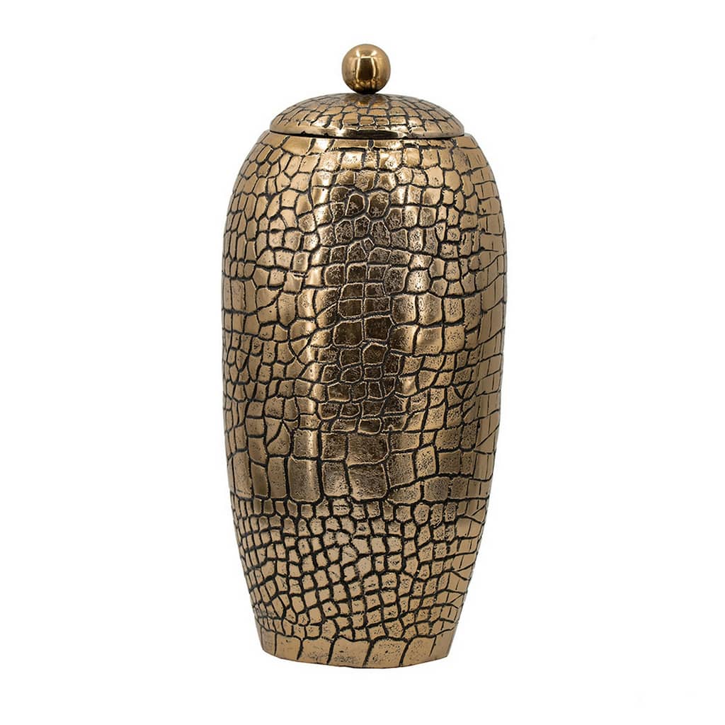 15 Inch Aluminum Urn, Lidded Top, Hammered Texture Antique Gold Finish