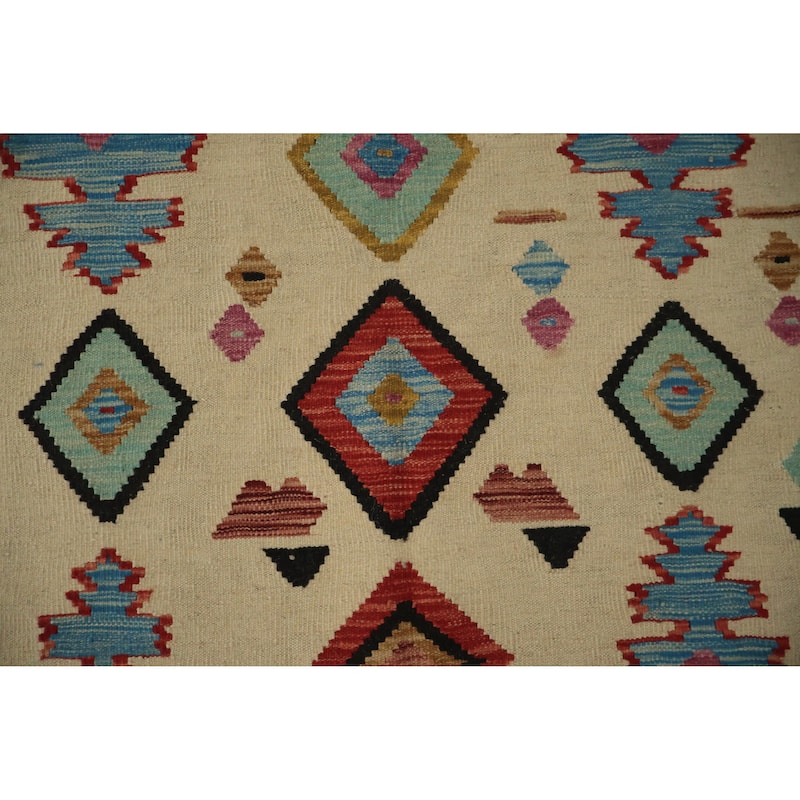 Hand Woven Oriental 100% Wool Carpet Southwestern Tribal Beige & Ivories Kilim Area Rug - 8' 0'' X 5' 0''
