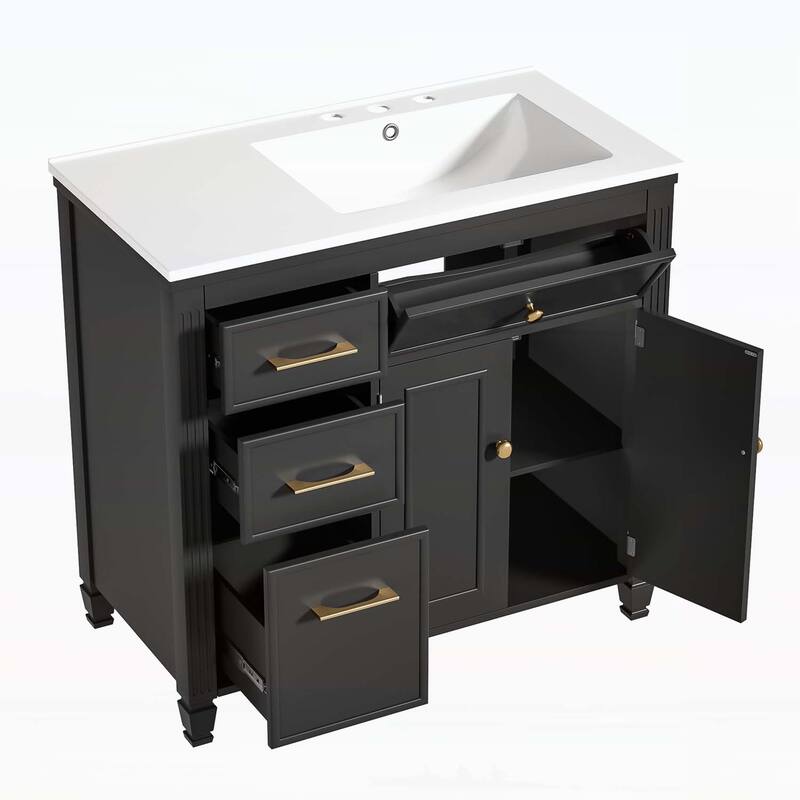 Freestanding Vanity Set with One Tip-out Drawer,3 Side Drawers,Adjustable Shelf