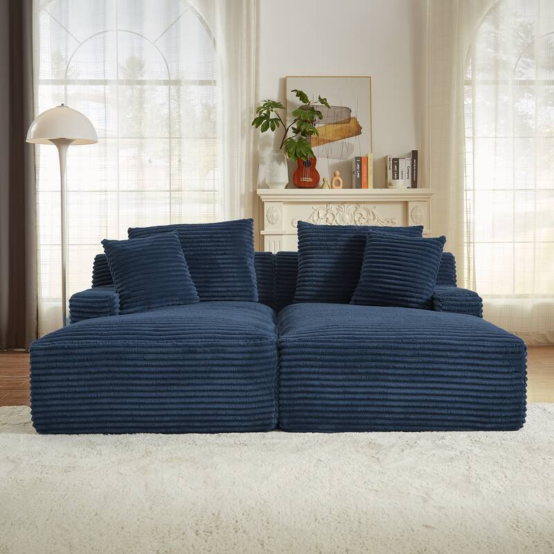 Modern Sleeper Loveseat Sectional Sofa Corduroy Double Chaise Lounge - Blue
