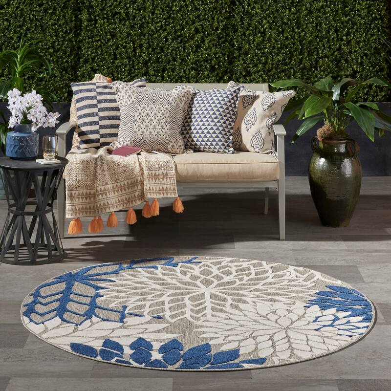 Nourison Aloha Floral Modern Indoor/Outdoor Area Rug - 5'3" Round - Ivory/Navy