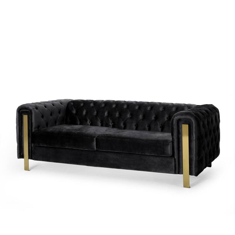Nua Sofa, Chesterfield Tufted Black Velvet, 84 Inch, Modern Gold Legs