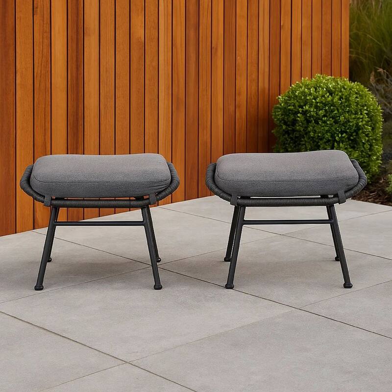 Margo Outdoor Ottoman Set of 2, 24 Inch Black Iron, Gray Cushion