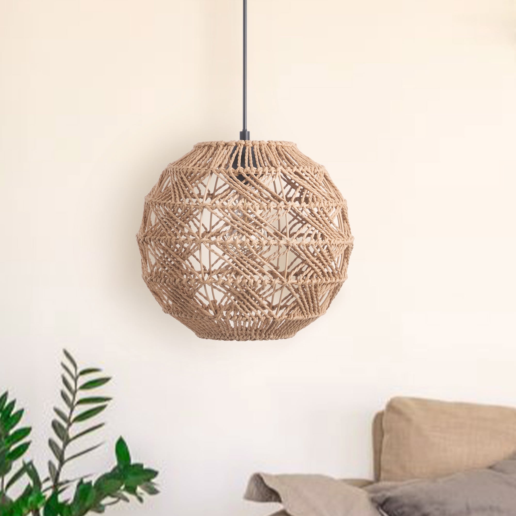 CO Z Boho Handwoven Hemp Rope Globe Pendant Light Fixture Tan