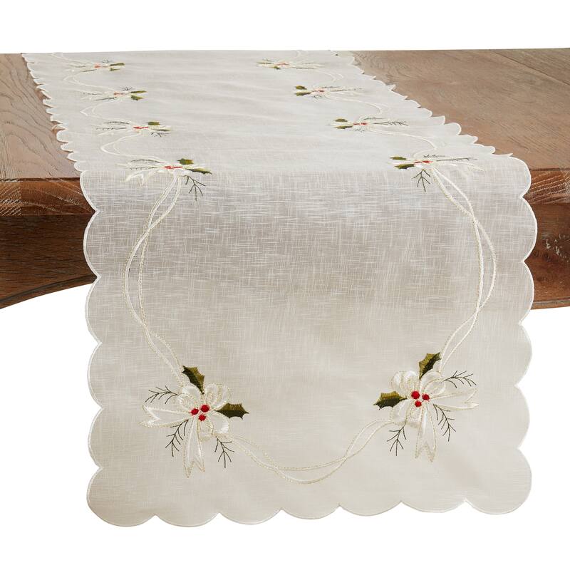 Embroidered Table Runner With Holly and Ribbon Design - 16"x72"