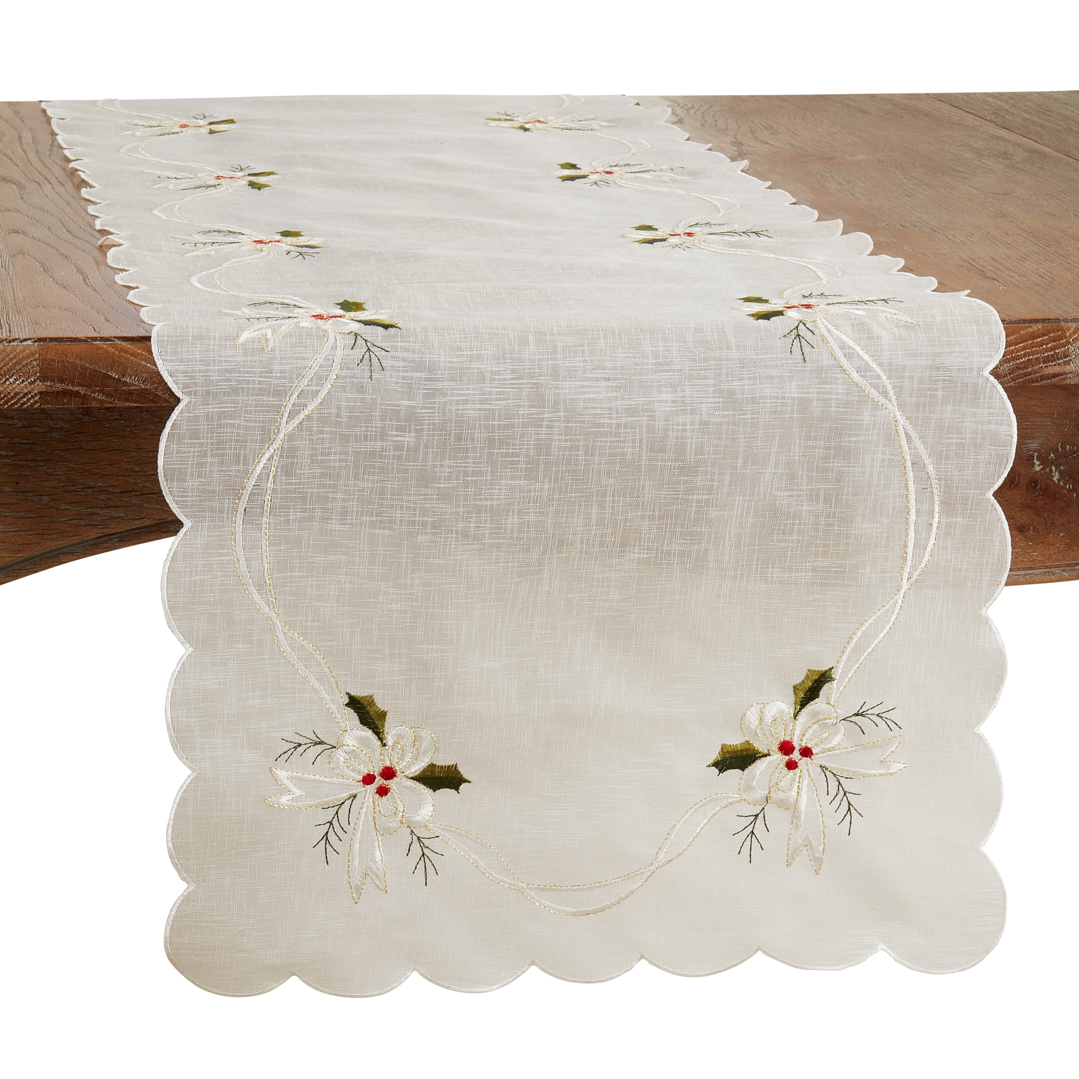 Embroidered Table Runner With Holly and Ribbon Design